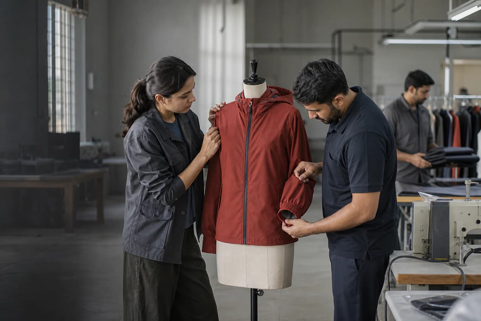 Apparel specialists reviewing a jacket sample in a modern Sialkot development room