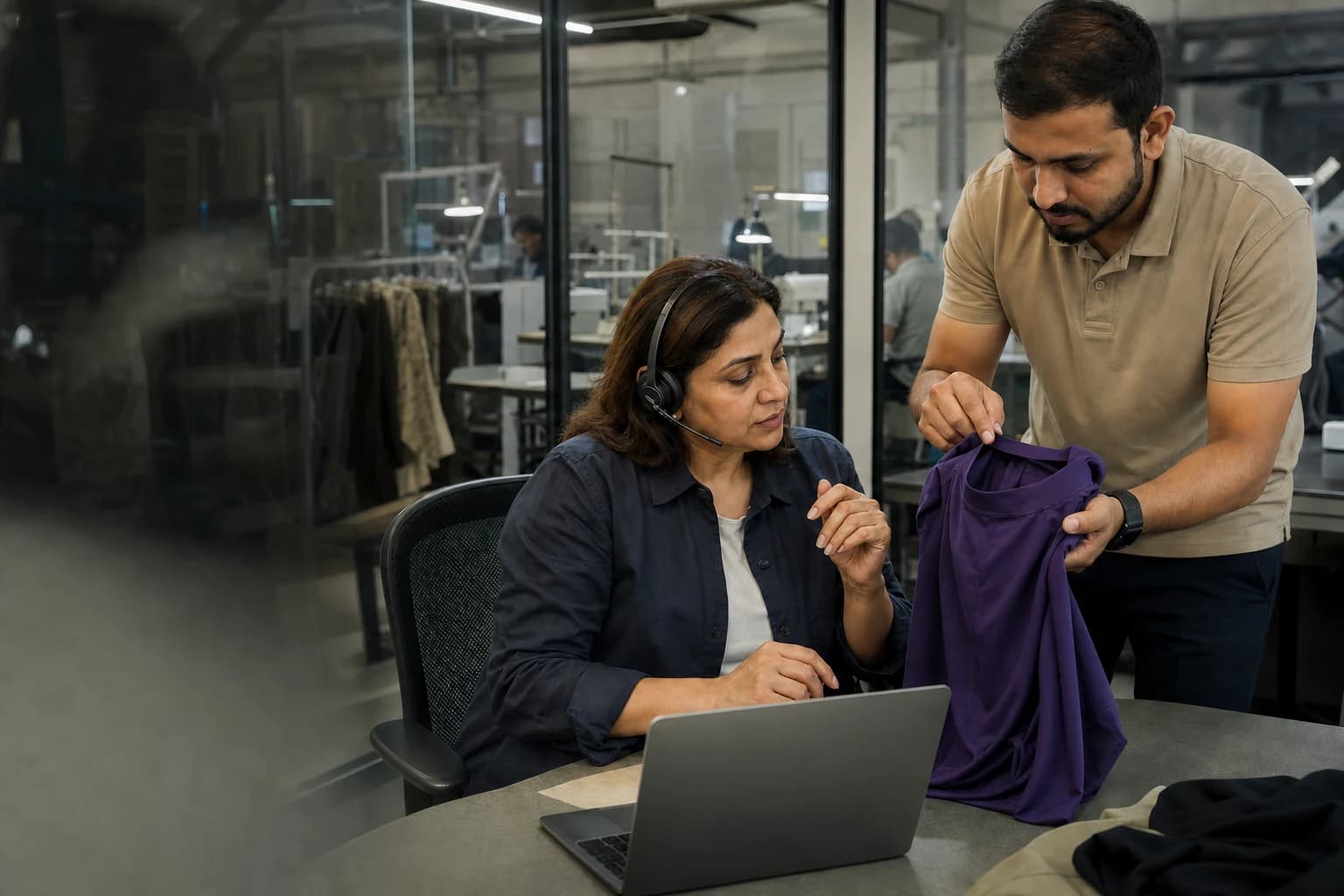 StitchBase client-services specialists reviewing an apparel sample during a buyer conversation