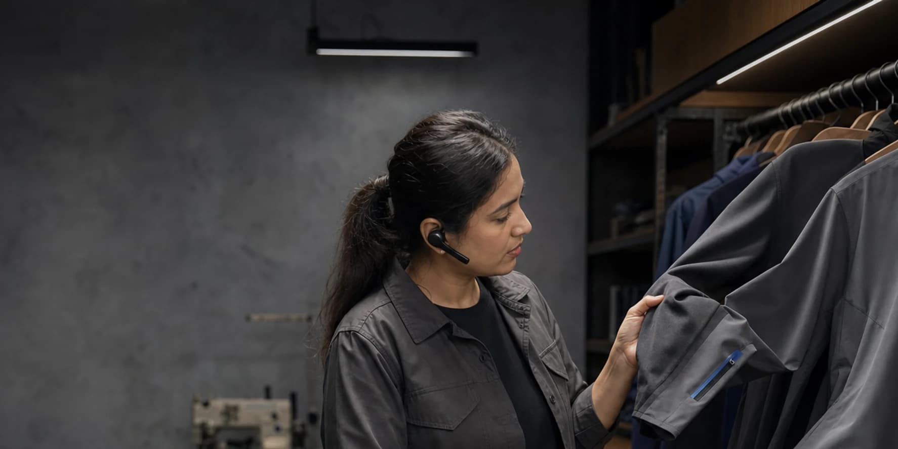 Product coordinator discussing an apparel sample while handling a general buyer question