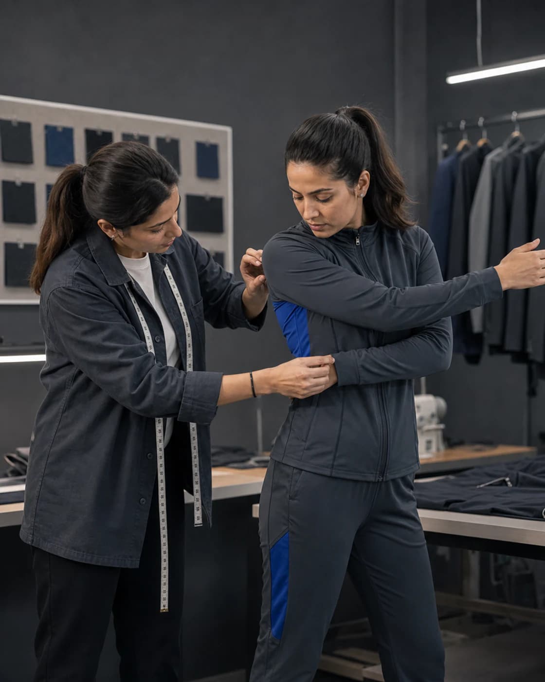 Movement fit review in a moderately modern Sialkot apparel sample room