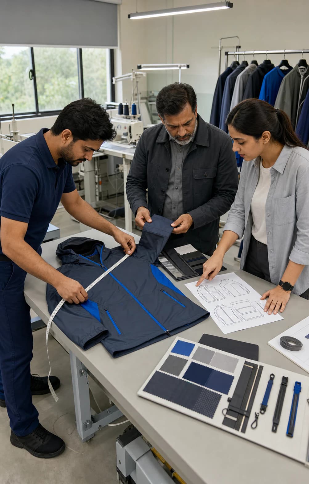 Contemporary apparel specialists comparing a prototype with its technical specification
