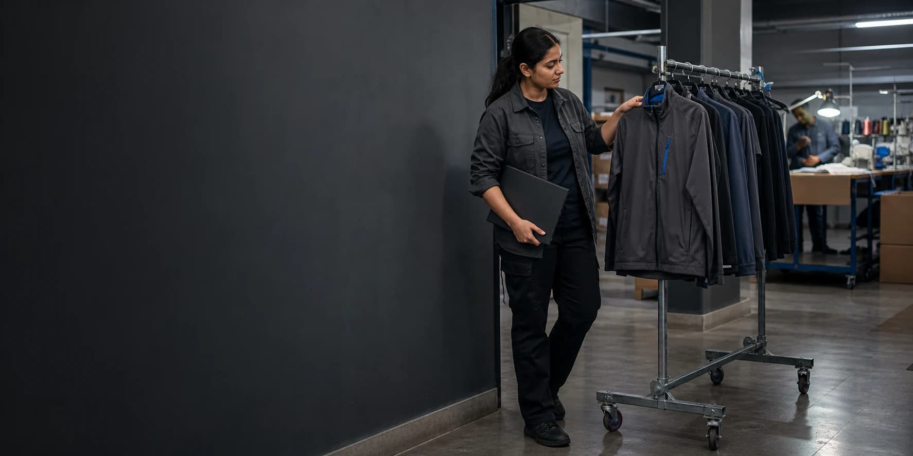 Product coordinator moving an approved performance-apparel sample toward quality review and packing