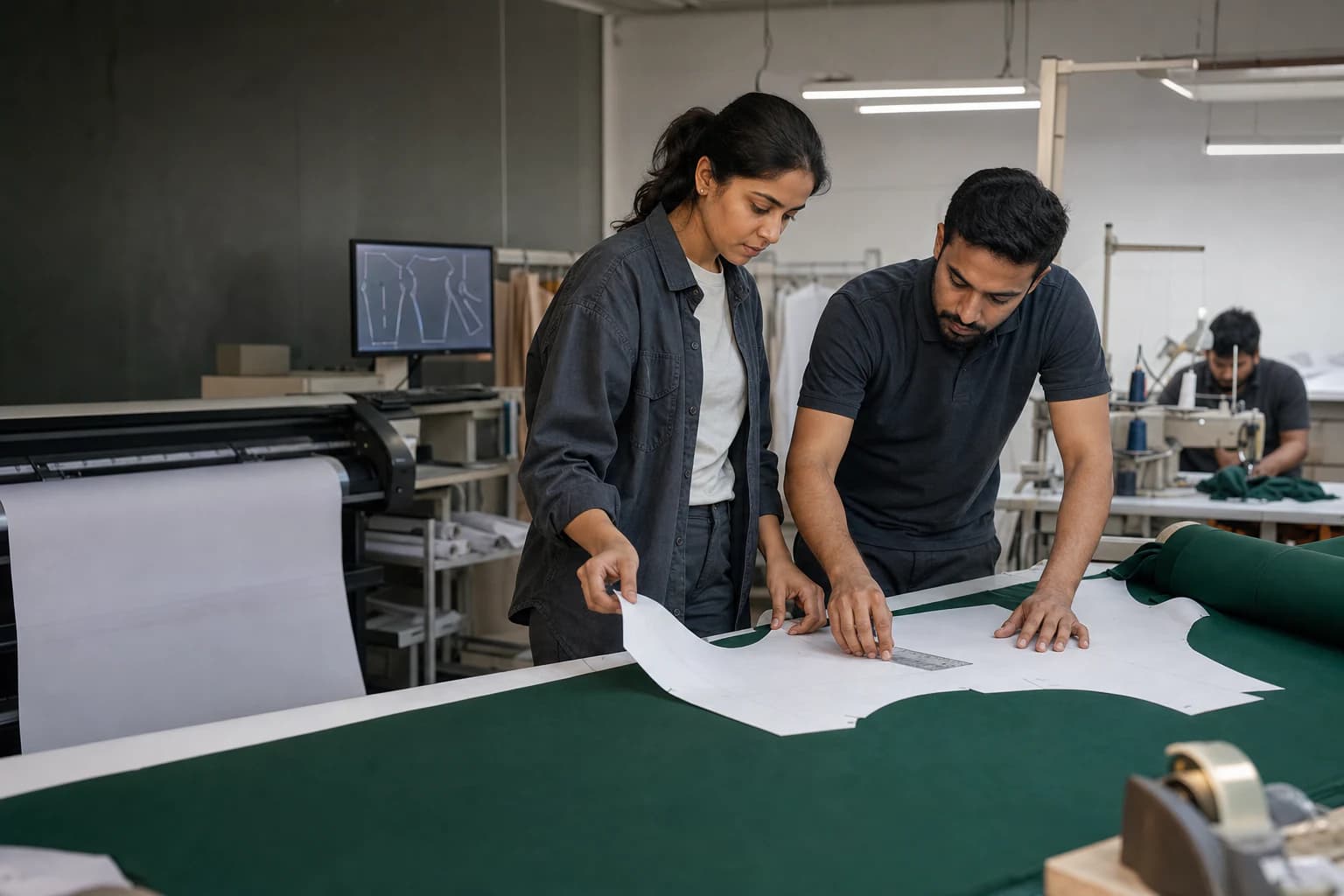 Contemporary pattern and sample specialists developing an apparel prototype in Sialkot