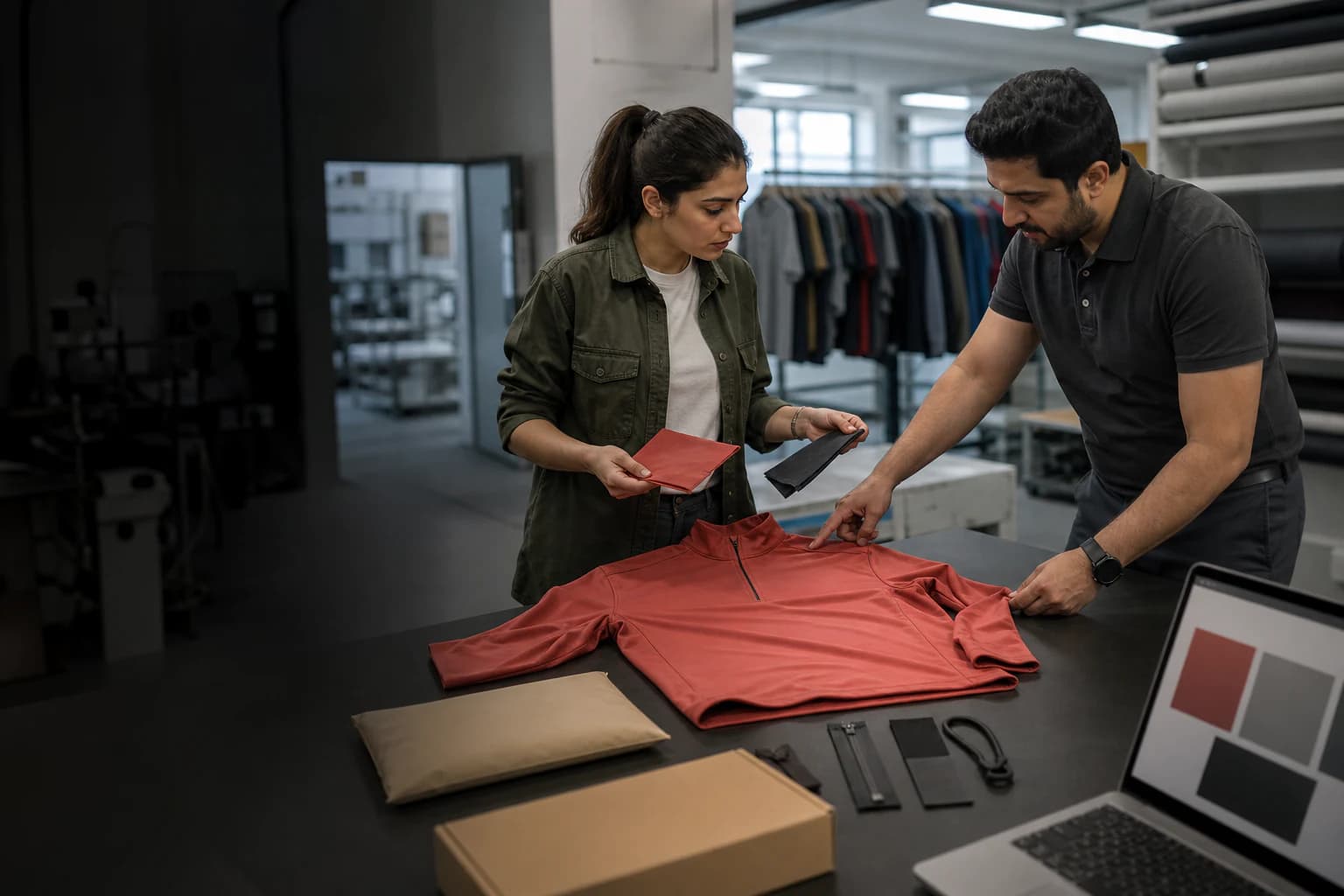Contemporary apparel specialists reviewing prototype construction, materials, trims, and packaging for a quote